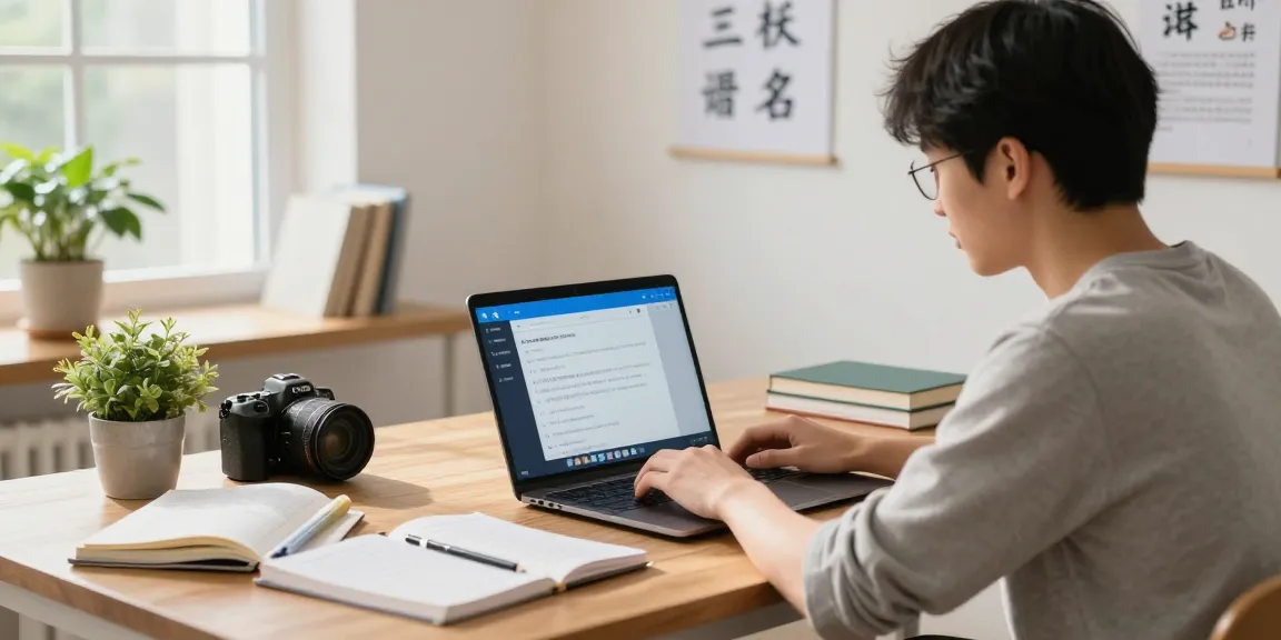 Student using telegram chinese guide on laptop in a bright study space.