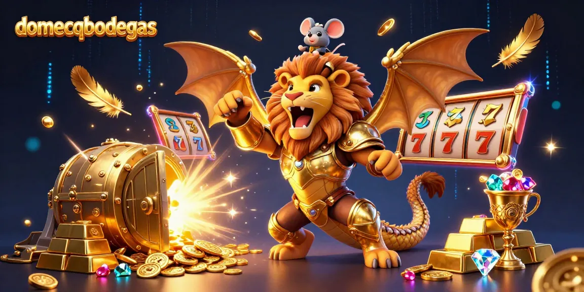 Engage with domecqbodegas in a thrilling 3D scene of a chimera and mouse jockey amidst dazzling slots and treasure.