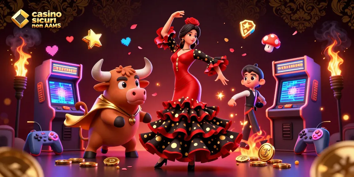 Immergiti nel brivido dei casino sicuri non AAMS con una scena 3D immersiva che presenta un ballerino di flamenco e un toro d'oro.