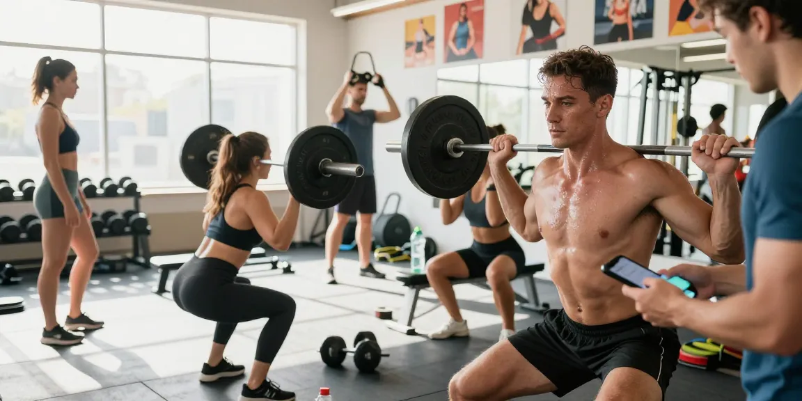 Energetic fitness scene at a Deus Medical Shop gym, showcasing athletes lifting weights and training.