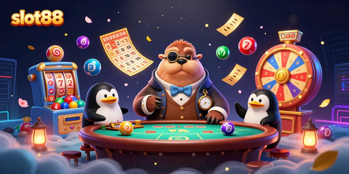Play slot88 with colorful lottery balls and charismatic underwater characters in a vibrant casino scene.