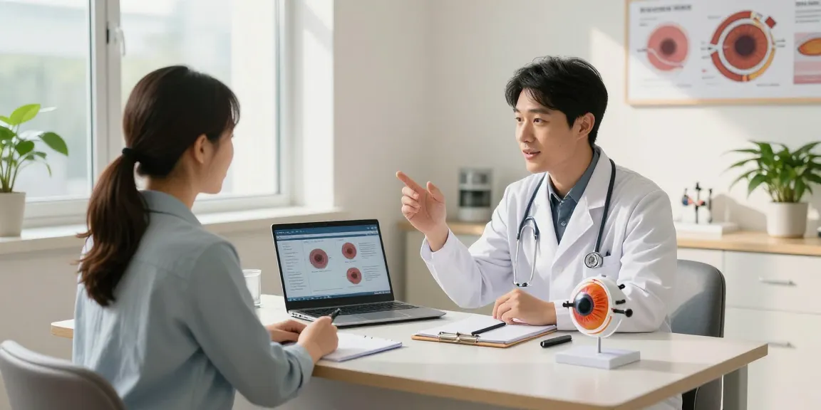 Glaucoma patient consultation with an ophthalmologist in a bright office discussing eye health.