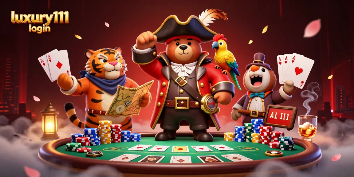 Engage with luxury111 login at a dynamic casino scene featuring a pirate bear, tiger, and vibrant poker elements.