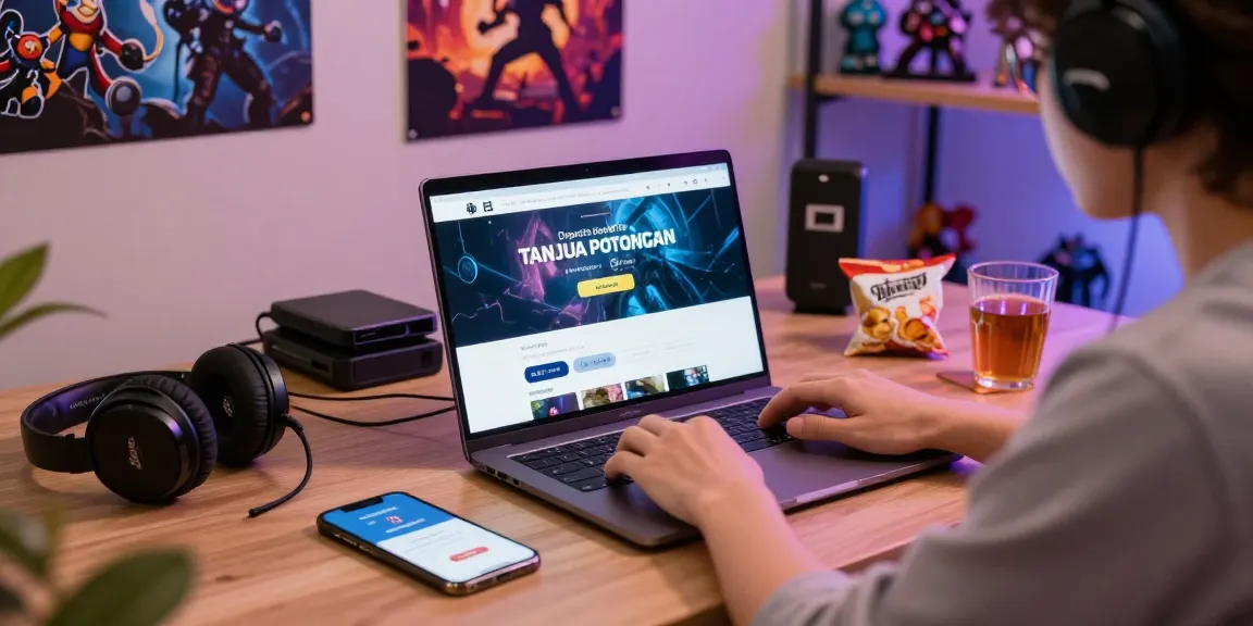 Engaged gamer exploring deposit pulsa tanpa potongan options on a laptop in a colorful gaming setup, highlighting user-friendly features.