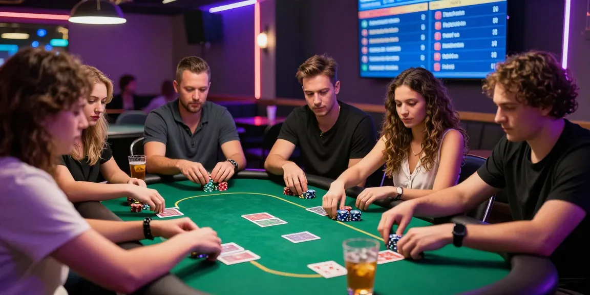 Exciting poker night scene featuring players at a poker table, showcasing Poker Idn Terpercaya, competitive atmosphere, and vibrant lounge setting.