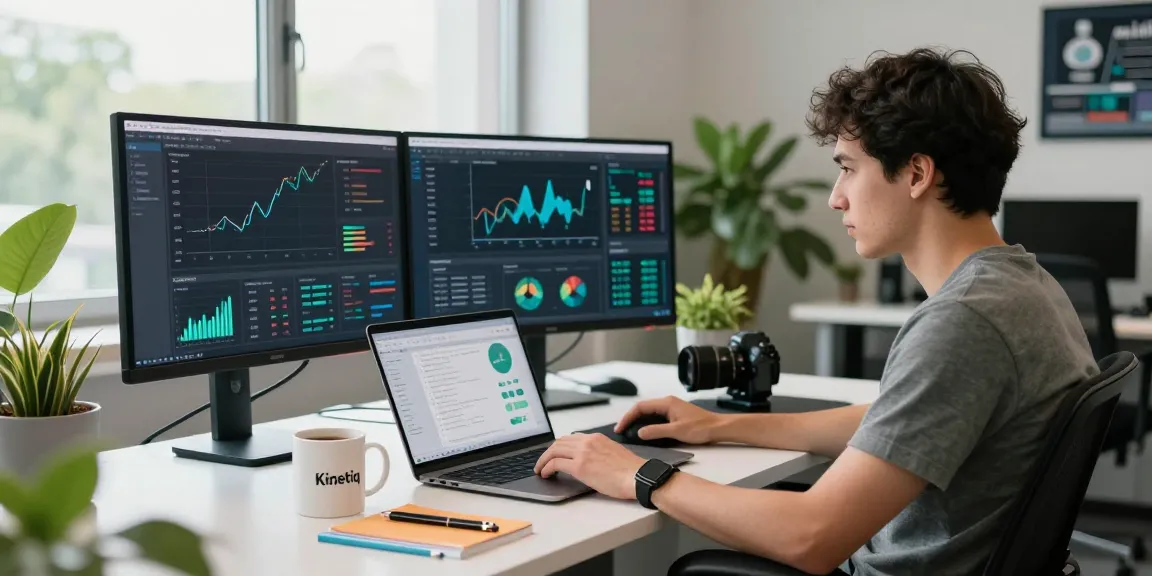 Kinetiq software analytics workspace with dual monitors displaying data visualizations and a vibrant office setting.