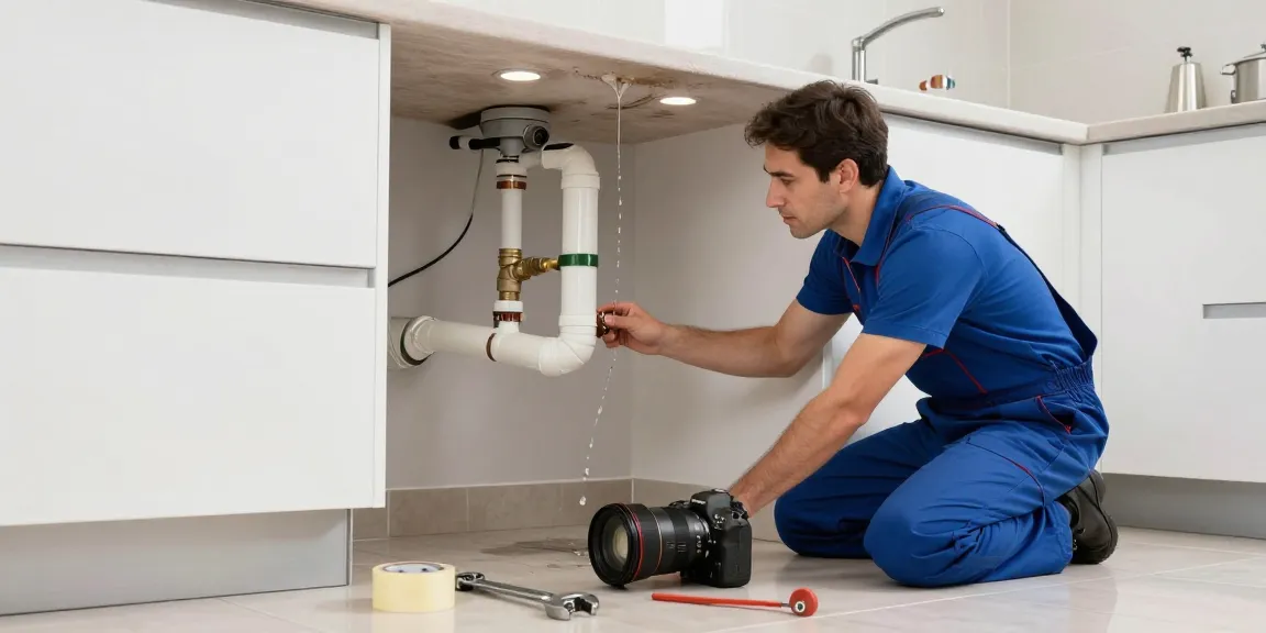 This page features a professional plumber addressing an urgent kitchen plumbing issue, showcasing tools and water damage in a modern home.