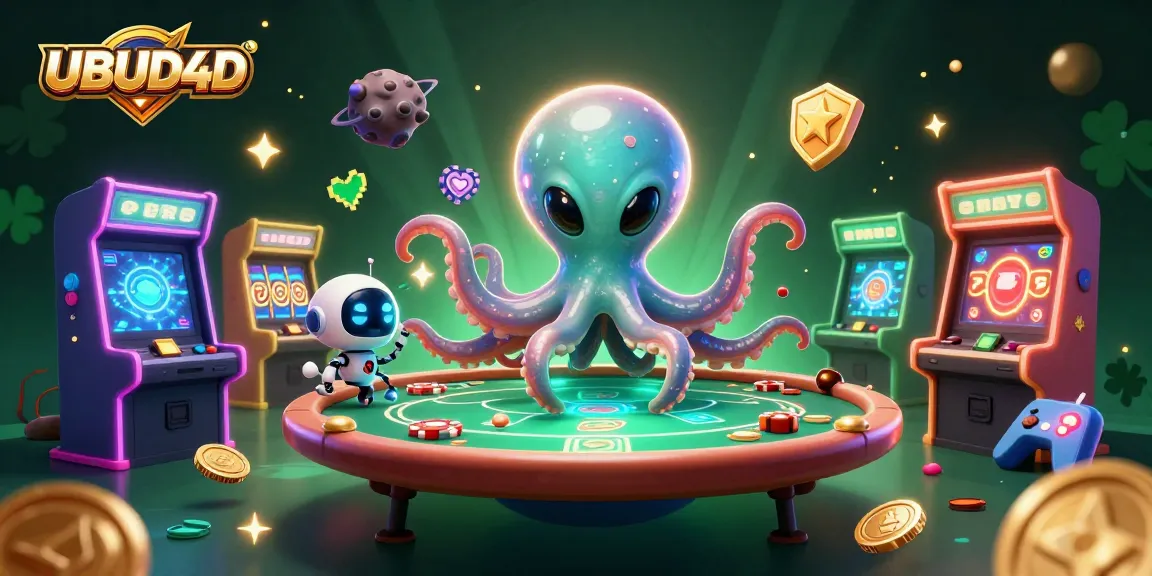 Join the fun at UBUD4D with an alien octopus at a dynamic poker table amidst exciting gaming elements.