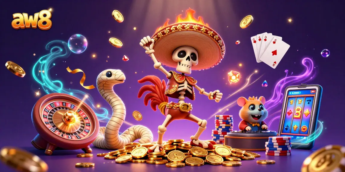 AW8’s vibrant scene showcases a lively casino atmosphere with characters celebrating around golden coins.
