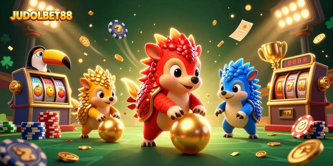Engage with JUDOLBET88 as vibrant pangolins battle through slot elements in this dynamic casino scene.