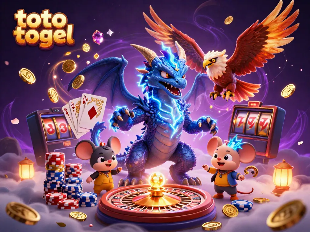 Engage in thrilling toto togel action with dynamic illustrations of dragons, hawks, and casino elements.