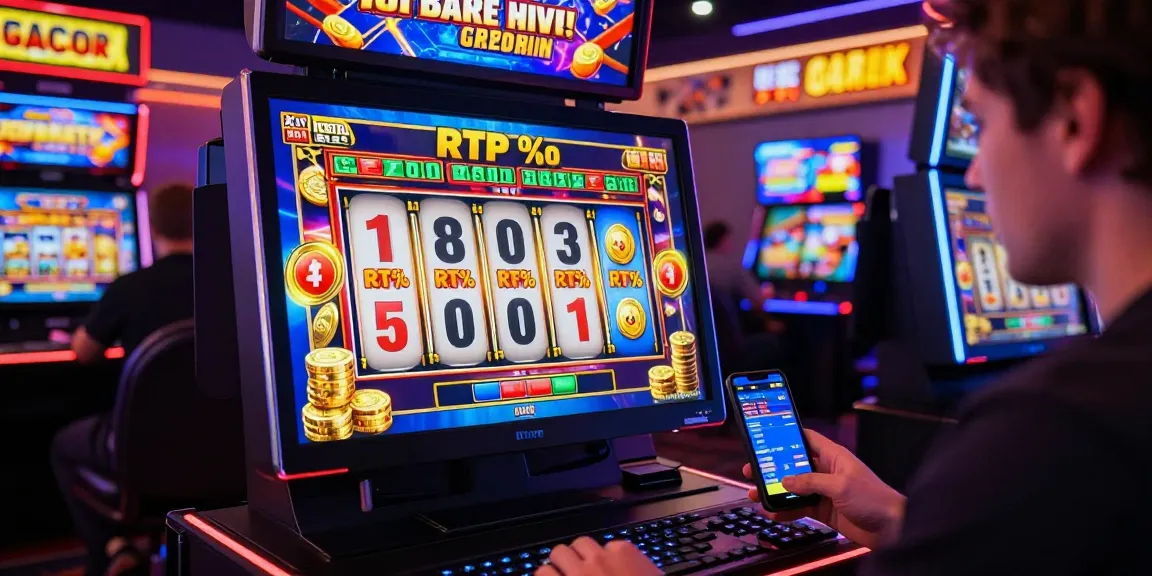 Pengguna bermain di platform slot gacor online dengan layar menampilkan RTP tinggi dan koin virtual.