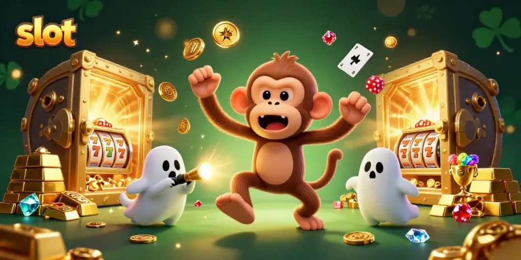 Experience thrilling slot action with a playful poltergeist monkey juggling golden objects in a haunted casino.