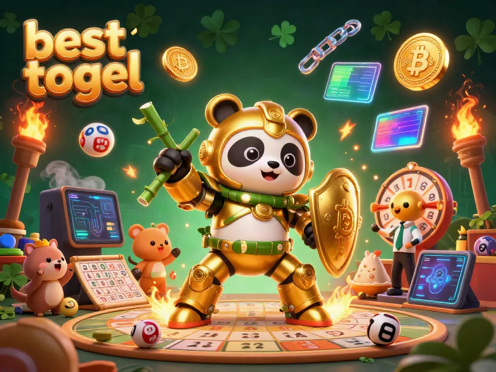 Memenangkan permainan terbaik togel dengan panda emas sebagai pemandu robot bertarung di latar arena.
