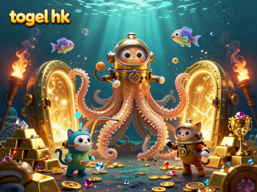 Visualisasi menarik togel hk dengan kraken dan cat menyelam, penuh harta karun.
