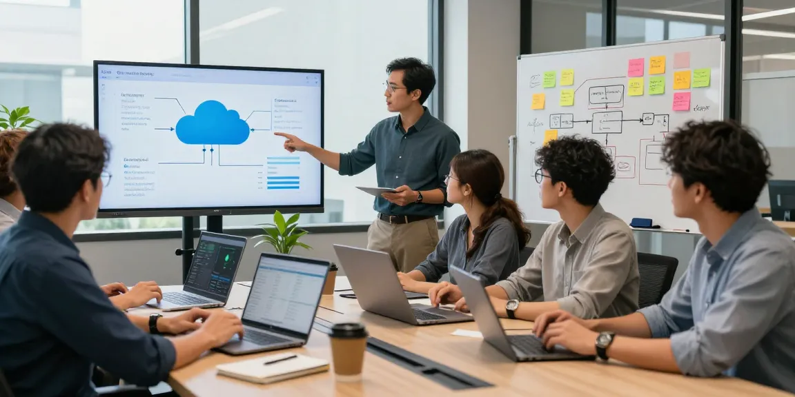 Collaboration among cloud companies in India, showcasing a professional team discussing innovative cloud migration strategies.