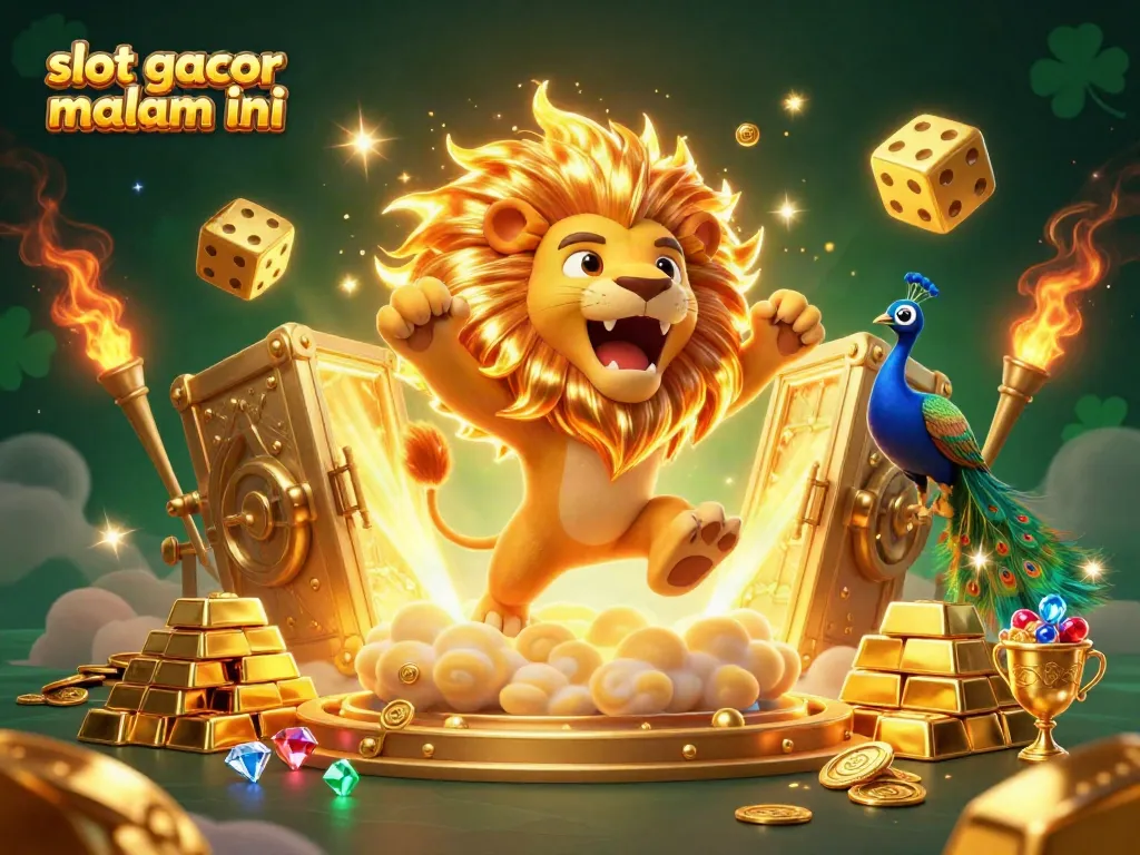 Permainan slot gacor malam ini menampilkan gembong emas dan permainan berkilauan penuh jackpot di latar belakang cerah.