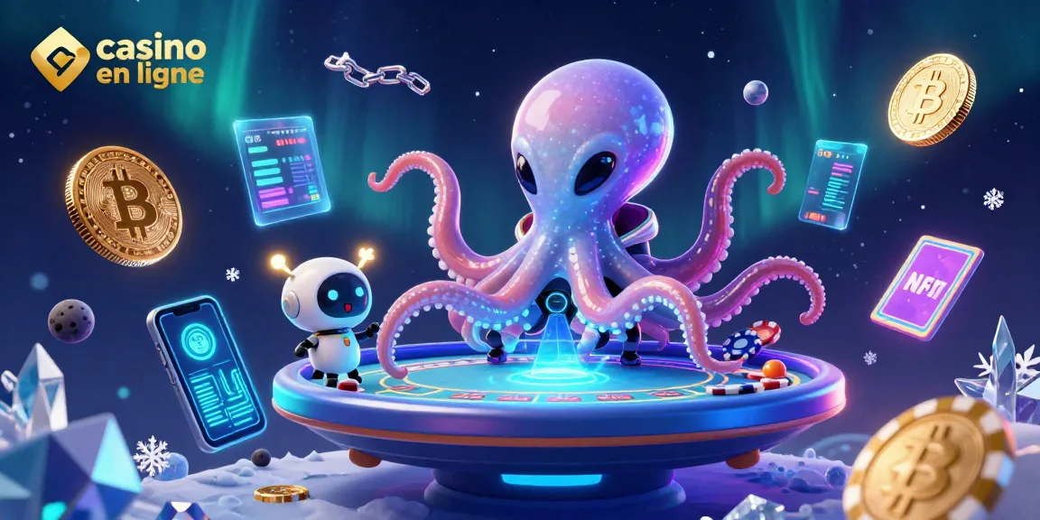 Jouez à des jeux de casino en ligne avec une illustration d'un extraterrestre et un robot, entourés de jetons circulants.