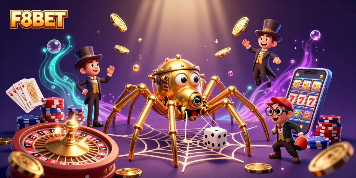 Experience thrilling gameplay at F8BET with a dynamic steampunk spider and a Victorian fly in a vibrant casino scene.