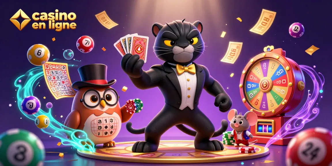 Jouez au casino en ligne avec ce visuel animé de personnages faisant du poker et des jeux de loterie.