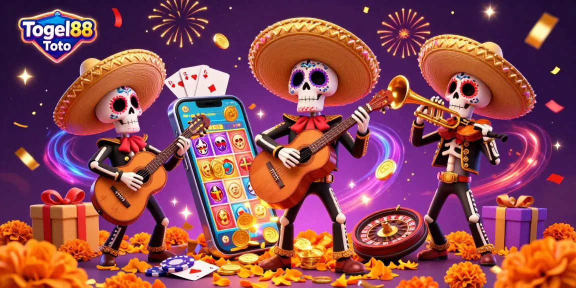 Engage with Togel88 Toto's colorful gambling scene featuring a vibrant mariachi band and exciting slot game.