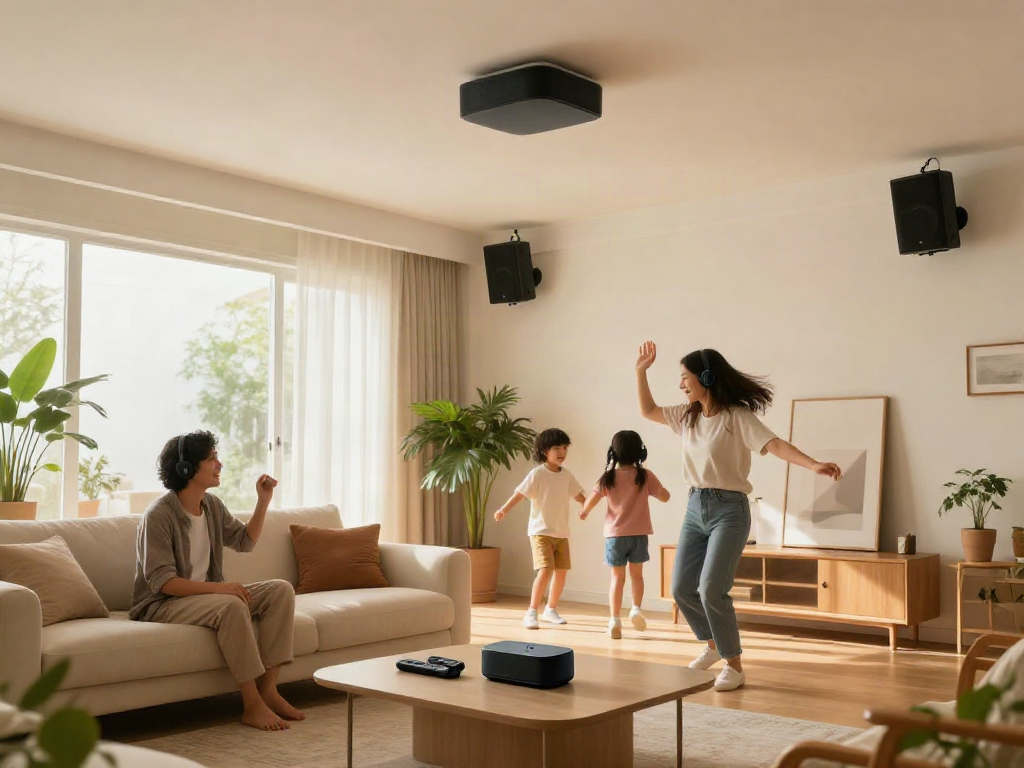 خرید اسپیکر سقفی in a cozy living room with family enjoying music together, showcasing stylish ceiling speaker integration.