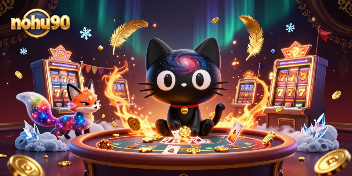 Nohu90 showcases thrilling gameplay as a black hole cat charms players in a cosmic casino.