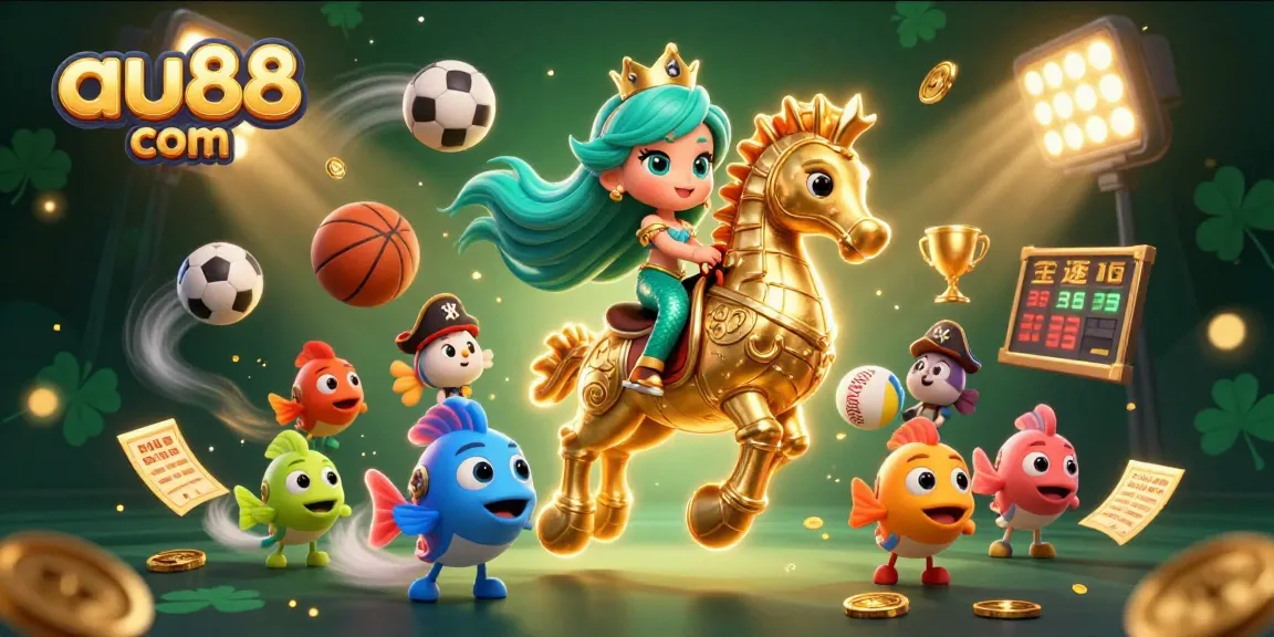 Experience thrilling gambling at au88 com with our vibrant 3D casino scene featuring mermaids and sports elements.