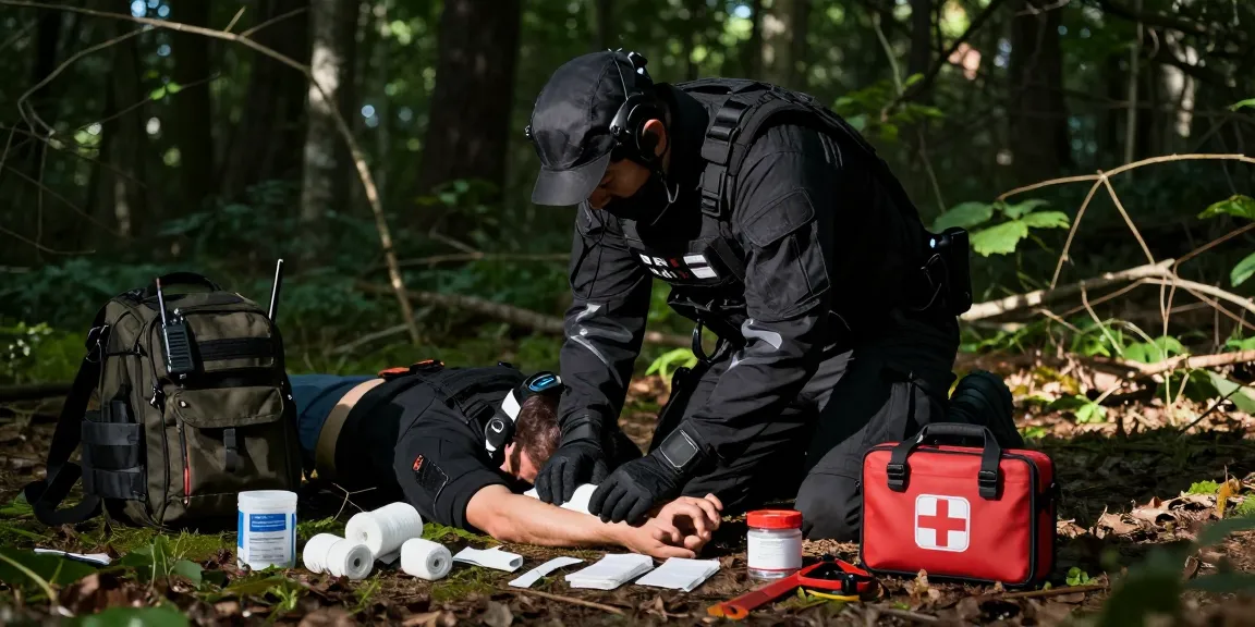 Tactical First Aid Kit being utilized by an emergency responder for on-site care in a forest environment.