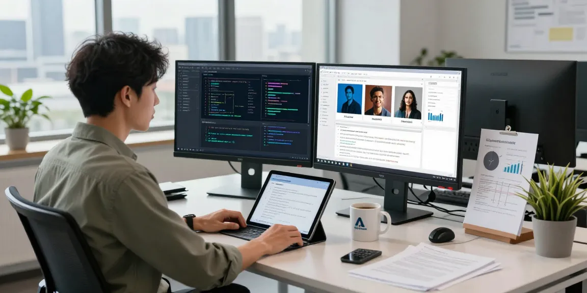 Detect AI image in a modern workspace with dual monitors showcasing content moderation algorithms and dashboards.