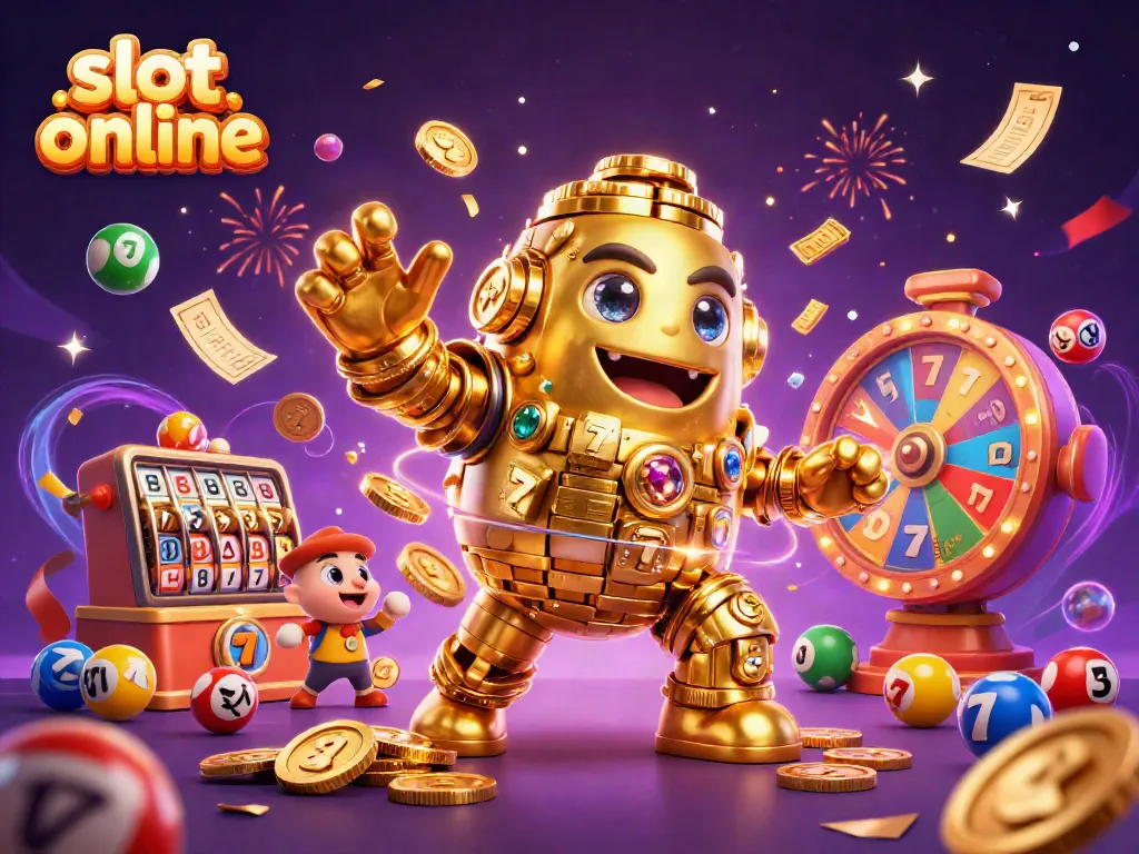 Menangkan slot online dengan golem emas dan simbol mesin slot yang unik, dikelilingi oleh bola lotere berwarna.