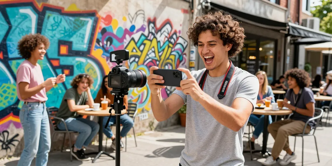 Purchase TikTok views instantly by engaging content creators filming vibrant videos in a lively urban setting.