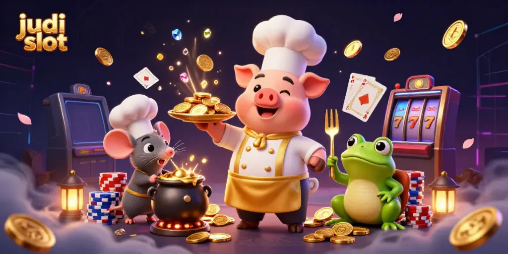 Menang judi slot dengan karakter koki babi dan katak kritikus melayani koin emas di kasino.