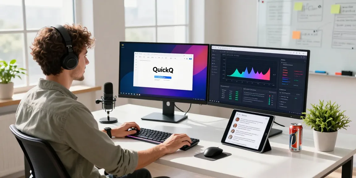 开发者在现代工作空间中展示QuickQ VPN应用程序，配有多个显示器和生动的网络分析