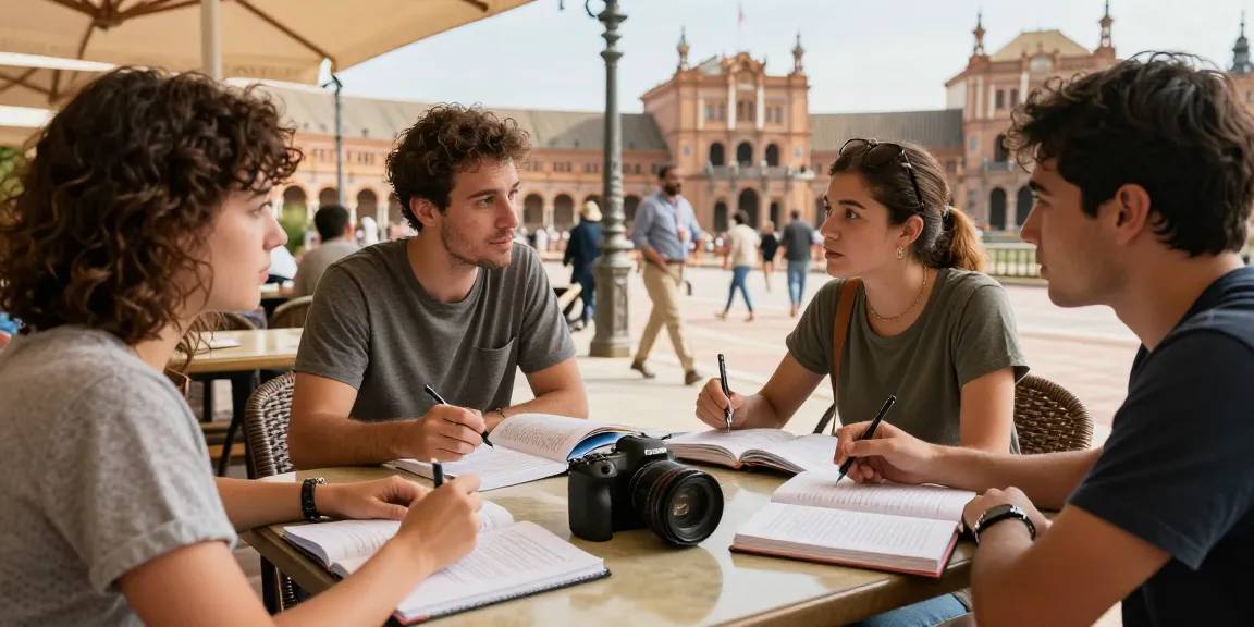 Teilnahme an Spanischkursen in Spanien in einem lebhaften Café mit Kommilitonen und Lehrbüchern.
