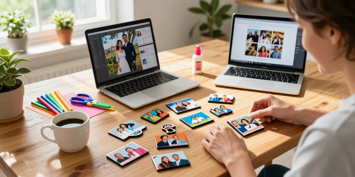 Custom photo magnets being created in a bright kitchen, showcasing vibrant memories.