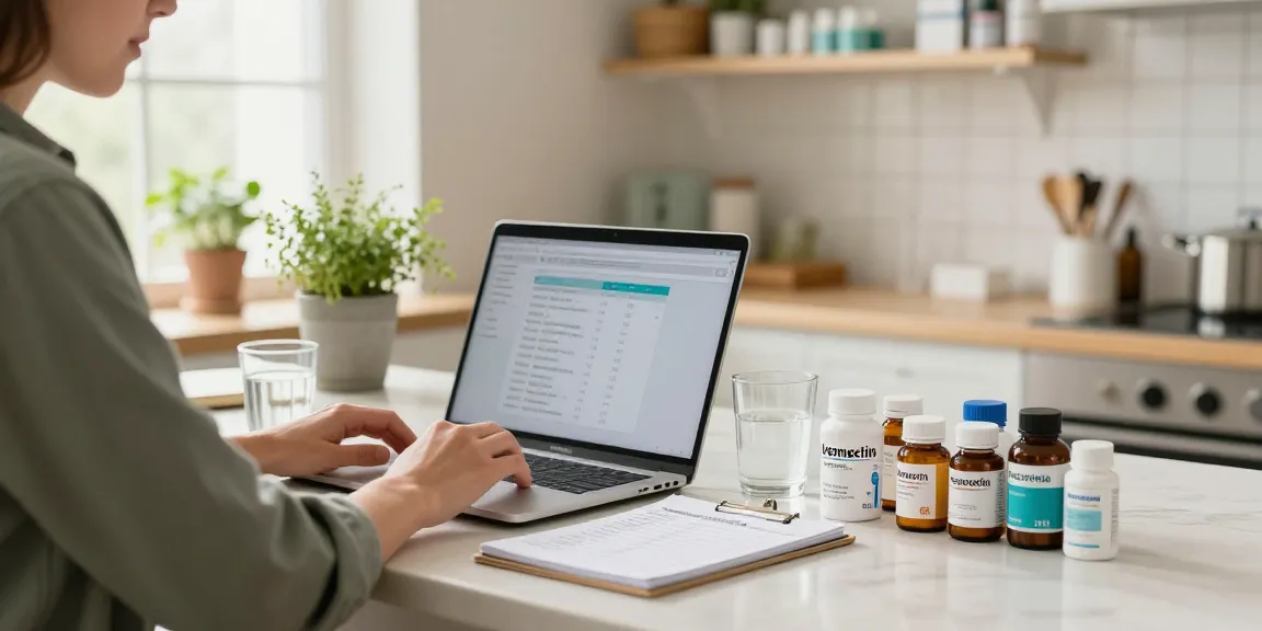 Ivermectin dosage for humans in a cozy home pharmacy setting with medication, laptop, and dosage notes.