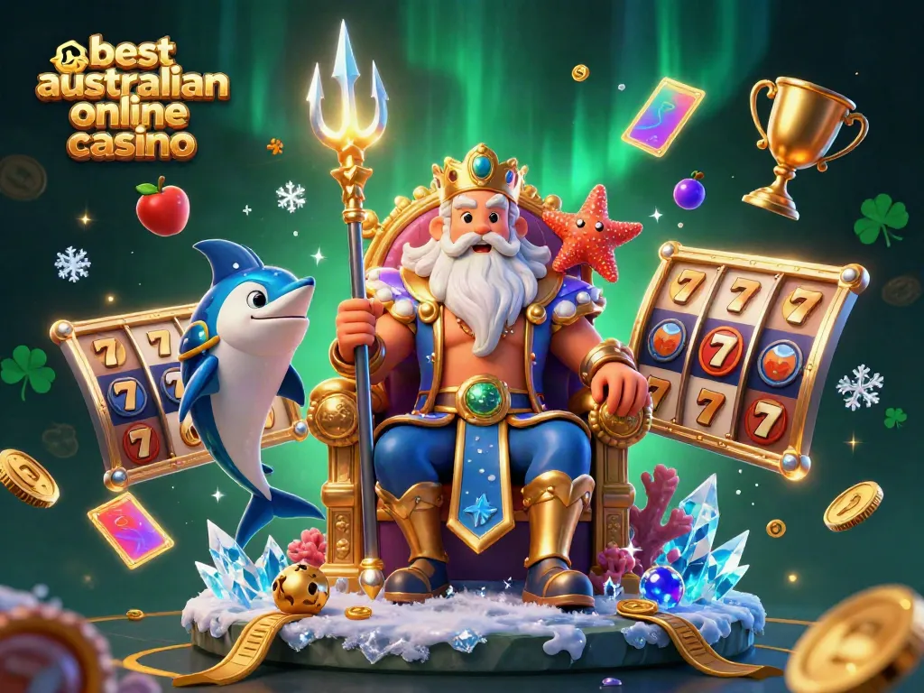 Engage in the best australian online casino with an exciting scene featuring Neptune and vibrant slot elements.