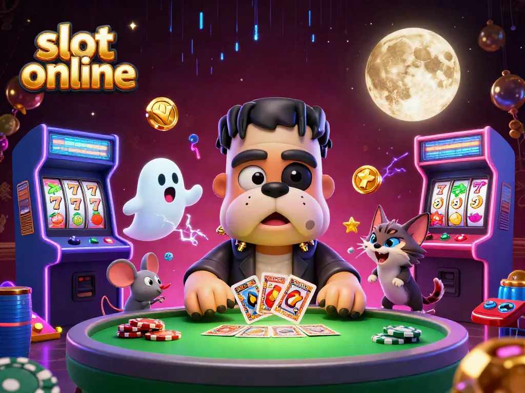 Engage in thrilling slot online action with a vibrant casino scene featuring unique characters and classic gaming elements.
