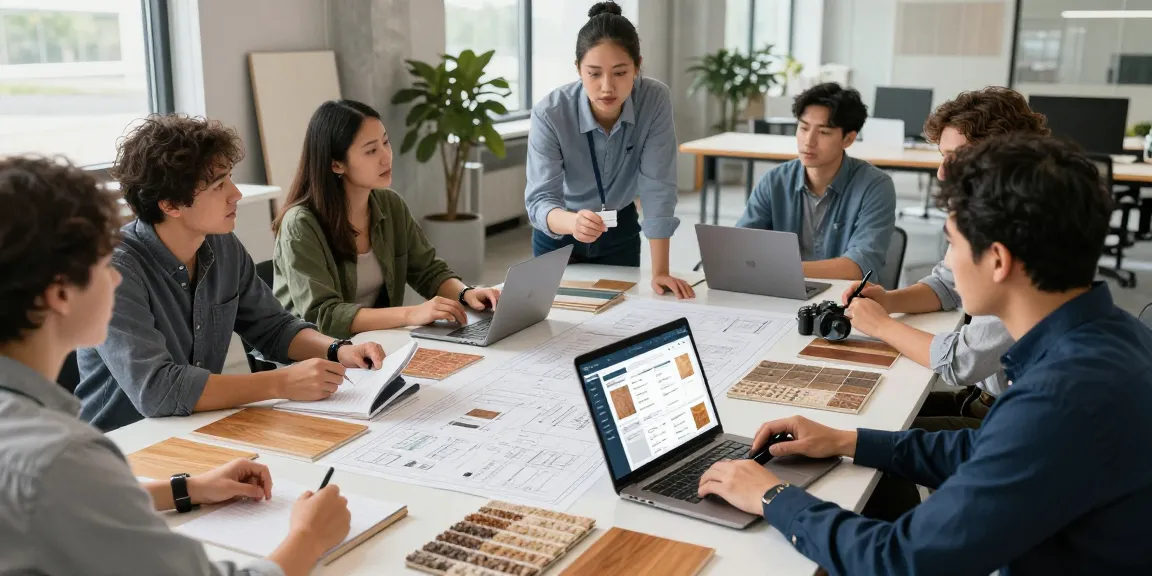 Team collaborating using flooring business software in a modern office setting.