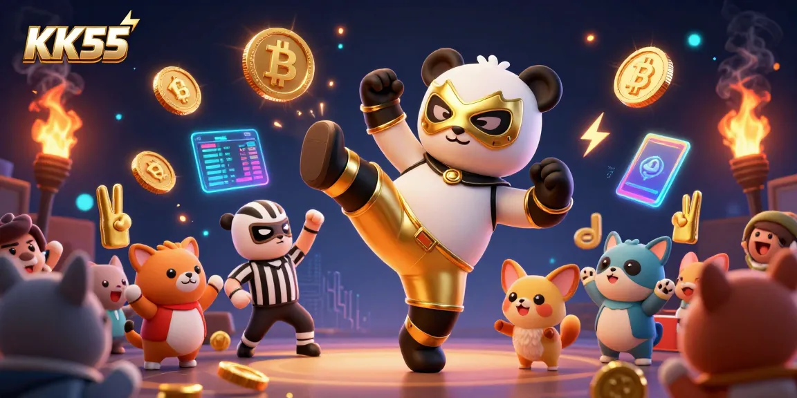 Experience thrilling action at KK55 with a cartoon panda wrestler kicking amidst bright crypto elements.