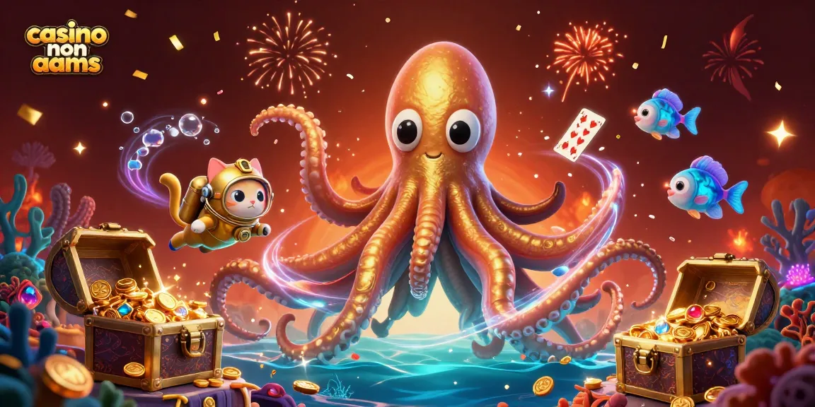 Scopri il brivido del gioco nei casino non AAMS con una scena vibrante di un kraken e un gatto subacqueo tra tesori.