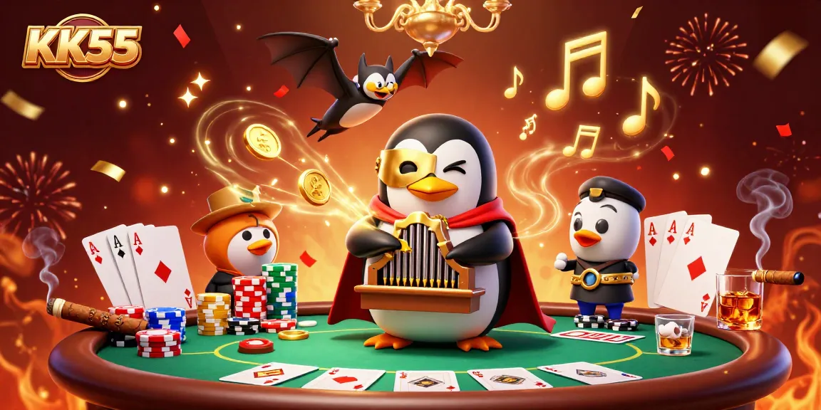 Experience the excitement of KK55 casino with a whimsical 3D cartoon scene featuring a penguin organist.