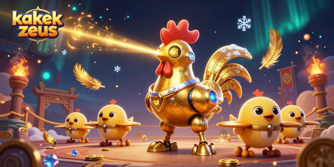 Engage with kakek zeus through thrilling slot gameplay featuring a golden rooster robot and baby chick drones.