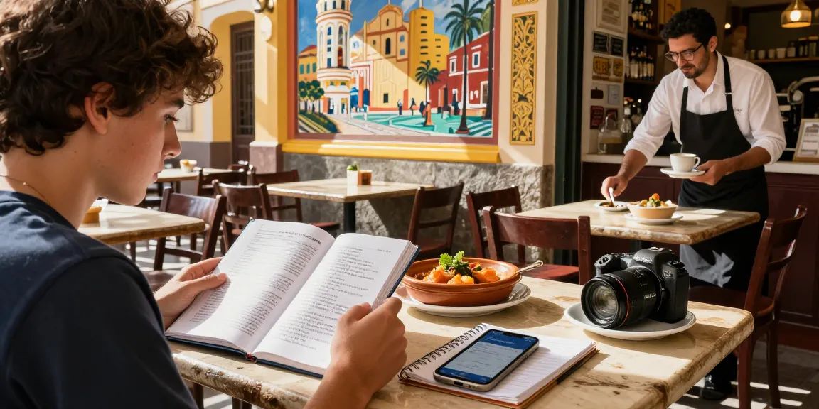Experiencia de aprendizaje de idiomas inmersiva en un café en Valencia, mostrando los Spanischkurse en España a través de materiales de estudio y cultura local.
