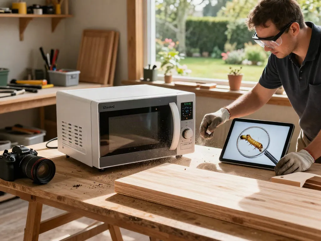 Shashel® microwave equipment effectively eliminating woodworms in a workshop setting.