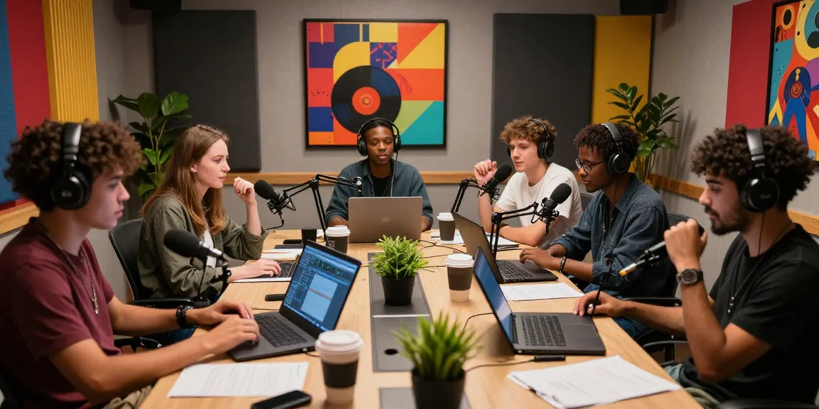 Young artists collaborating in an internet radio studio, showcasing creativity and music production.