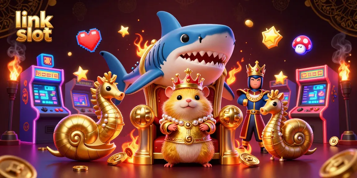 Mengakses link slot melalui pemimpin permainan megah di dunia slot online yang diilustrasikan.