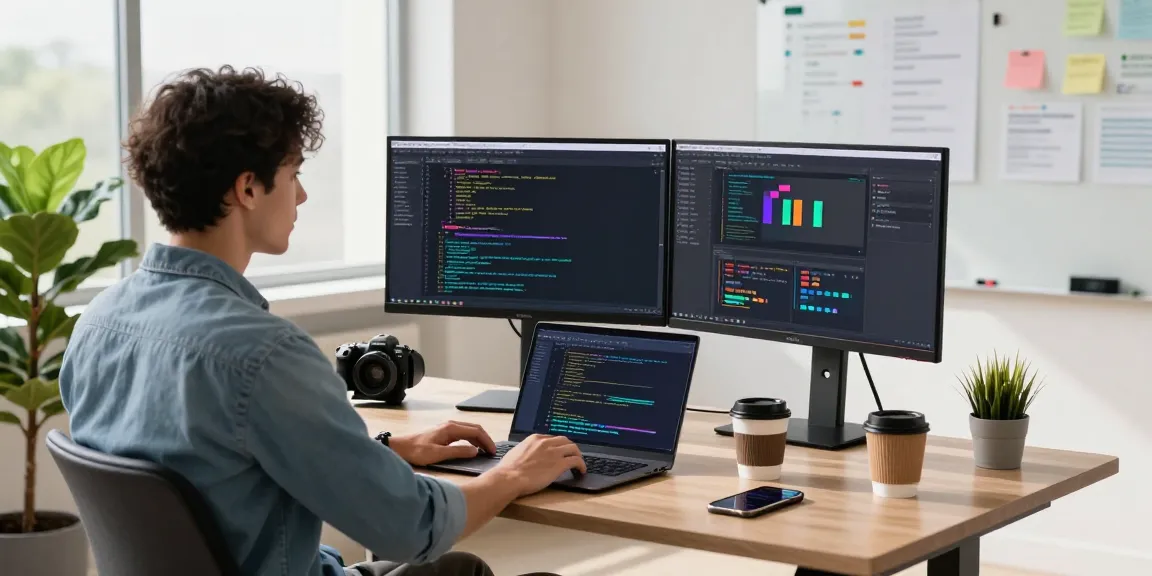 Developer using Snipaste in a modern tech workspace with dual monitors and vibrant code.