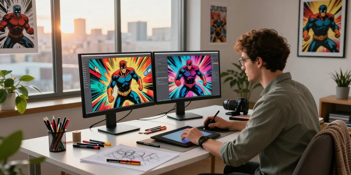 Creative workspace featuring dynamic superhero illustrations, showcasing batmanloyal.com design capabilities